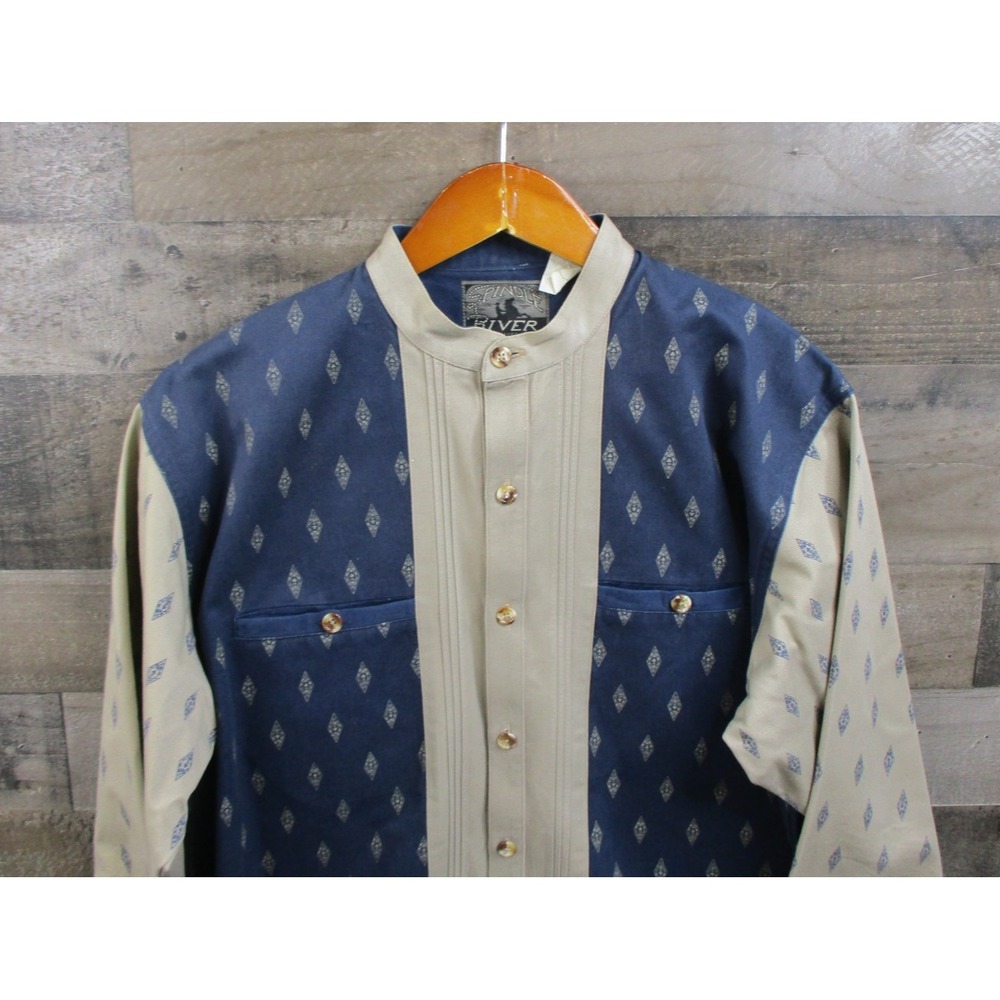 Spindle River Shirt Mens Medium Blue Tan Geometric Western Band Cowboy Button Up